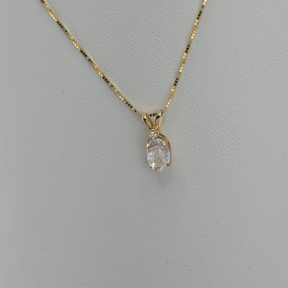 7MM Oval White Topaz, Diamond Pendant Necklace in 14K Polished Yellow Gold 18" - Picture 2 of 7